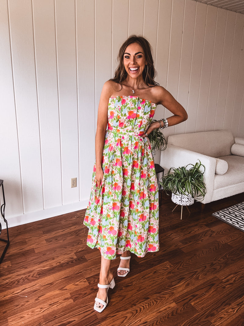 Floral Pleated Strapless Midi Dress
