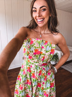 Floral Pleated Strapless Midi Dress