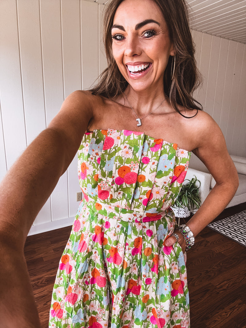 Floral Pleated Strapless Midi Dress