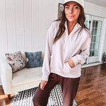 Modal soft 1/4 zip hoodie with kangaroo pocket and thumb holes in the cuffs.