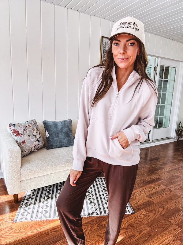 Modal soft 1/4 zip hoodie with kangaroo pocket and thumb holes in the cuffs.