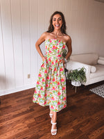 Floral Pleated Strapless Midi Dress