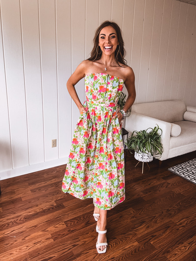 Floral Pleated Strapless Midi Dress
