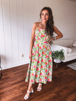 Floral Pleated Strapless Midi Dress