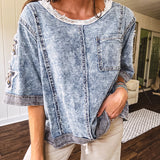 Crafted from a soft cotton-blend in a medium wash, this short-sleeved shirt features eye-catching floral and ribbed patchwork details that make it impossible to ignore. The relaxed fit, seam detailing, and front pocket keep things effortlessly comfortable, while the textured cuffs and hem add that signature boho edge.