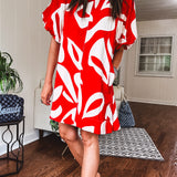 Red Bold Abstract Print Dress with Puff Sleeve