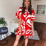 Red Bold Abstract Print Dress with Puff Sleeve
