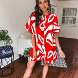 Red Bold Abstract Print Dress with Puff Sleeve