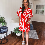 Red Bold Abstract Print Dress with Puff Sleeve