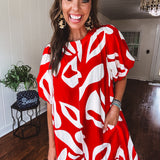 Red Bold Abstract Print Dress with Puff Sleeve