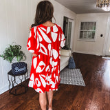 Red Bold Abstract Print Dress with Puff Sleeve