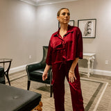 Burgundy Collared Cinch Waist Satin Shirt