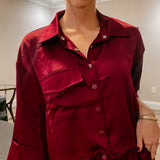 Burgundy Collared Cinch Waist Satin Shirt