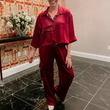 Burgundy Collared Cinch Waist Satin Shirt
