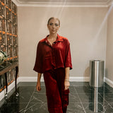 Burgundy Collared Cinch Waist Satin Shirt