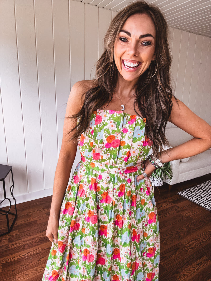 Floral Pleated Strapless Midi Dress