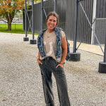 Black terry knit wide leg cargo pants with elastic waist.