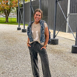 Black terry knit wide leg cargo pants with elastic waist.
