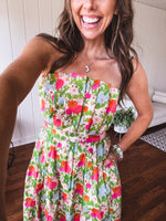 Floral Pleated Strapless Midi Dress