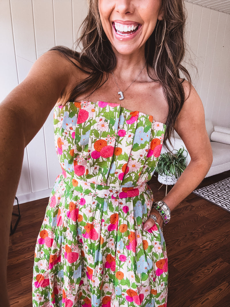 Floral Pleated Strapless Midi Dress
