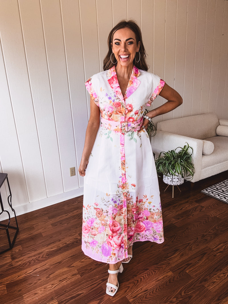 Pink Garden Party Floral Print Maxi with Belt