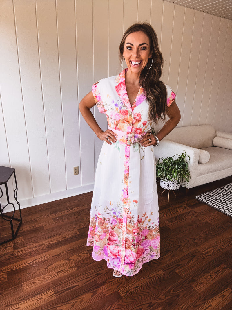 Pink Garden Party Floral Print Maxi with Belt