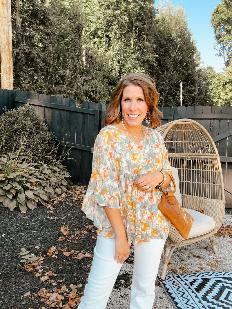 Mustard + Mint Floral Flutter Top