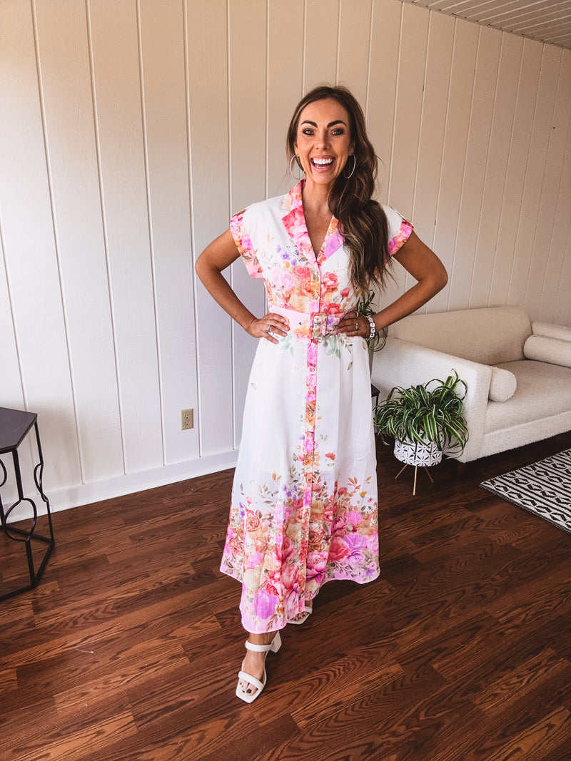 Pink Garden Party Floral Print Maxi with Belt