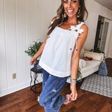 White Poplin Flower Strap Tank