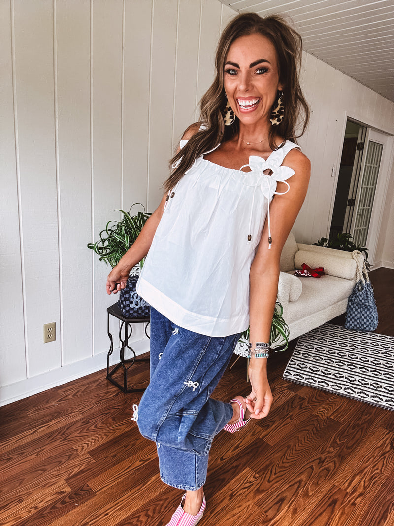 White Poplin Flower Strap Tank