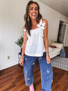 White Poplin Flower Strap Tank