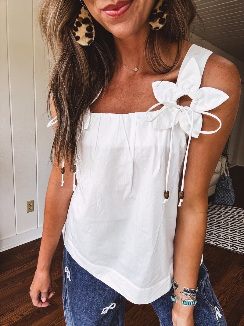 White Poplin Flower Strap Tank
