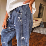 Denim Peal Ribbon Mom Jean
