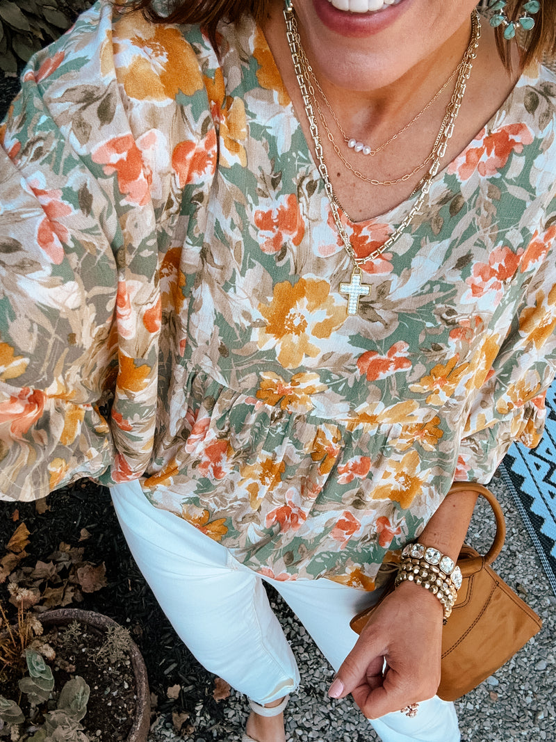 Mustard + Mint Floral Flutter Top