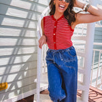 Thin red and white striped sleeveless vest with gold buttons down the front.