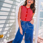 Thin red and white striped sleeveless vest with gold buttons down the front.