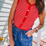 Thin red and white striped sleeveless vest with gold buttons down the front.