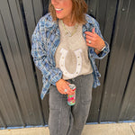 Blue, black and green plaid flannel button down shirt.