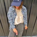 Blue, black and green plaid flannel button down shirt.