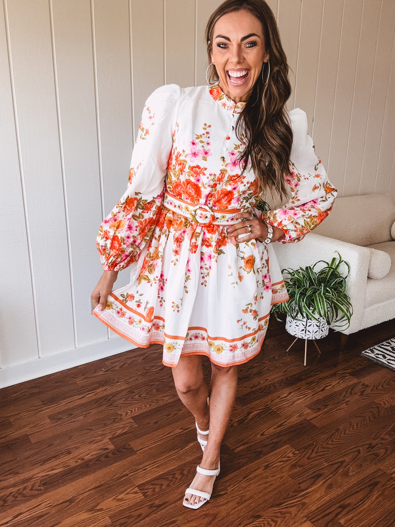 Orange Floral Border Print Mini Dress