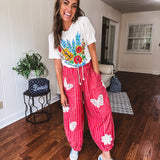 Red Stripe Butterfly Boho Patch Barrel Pant