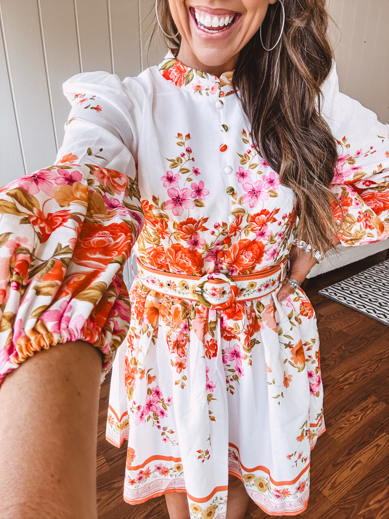 Orange Floral Border Print Mini Dress