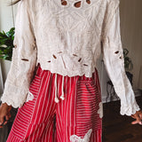 Red Stripe Butterfly Boho Patch Barrel Pant