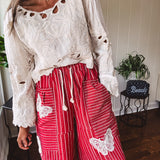 Red Stripe Butterfly Boho Patch Barrel Pant