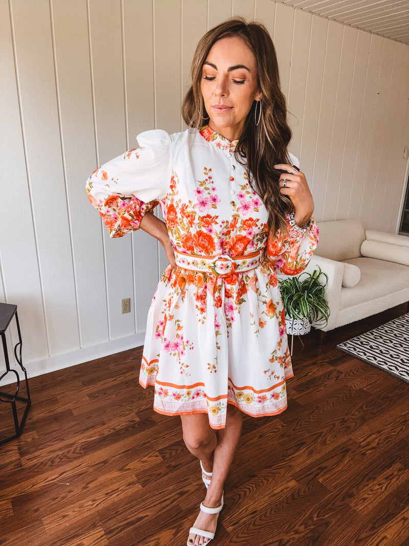 Orange Floral Border Print Mini Dress