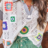 Sheer ivory crochet short sleeved top with bright crochet patches throughout, denim trim at the V neck, collar and sleeves.