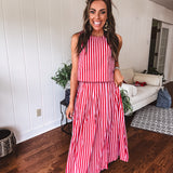 Red Stripe High Waist Pleated Skirt