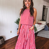Red Stripe High Waist Pleated Skirt