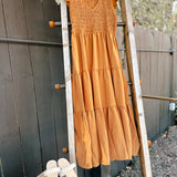 Brown Smock V Neck Flutter Maxi Dress