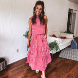 Red Stripe High Waist Pleated Skirt